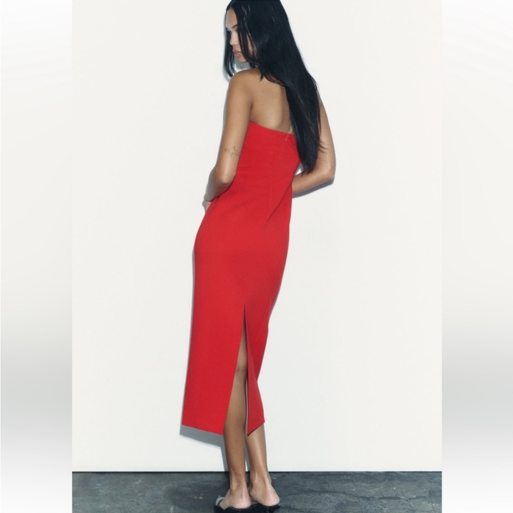 Zara Red Fitted Strapless Bodycon Midi Dress straight neckline Stretchy NWT - Picture 3 of 10